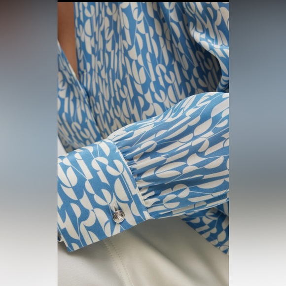 NWT!! HUGO BOSS Regular-Fit Blue + Cream Print Silk Crepe du Chine: SZ 14 - $348 - Picture 6 of 16